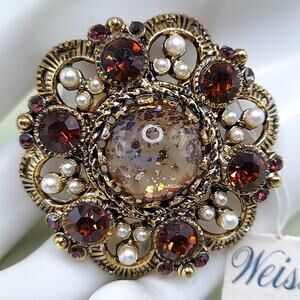 Weiss Topaz Rhinestone and Art Glass Brooch with Original Tag